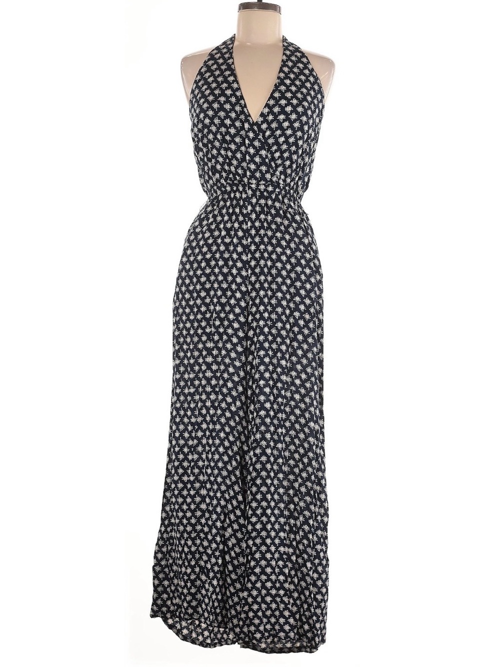 Alythea Navy Halter Neck Wide Leg Jumpsuit with White Floral Print Medium M